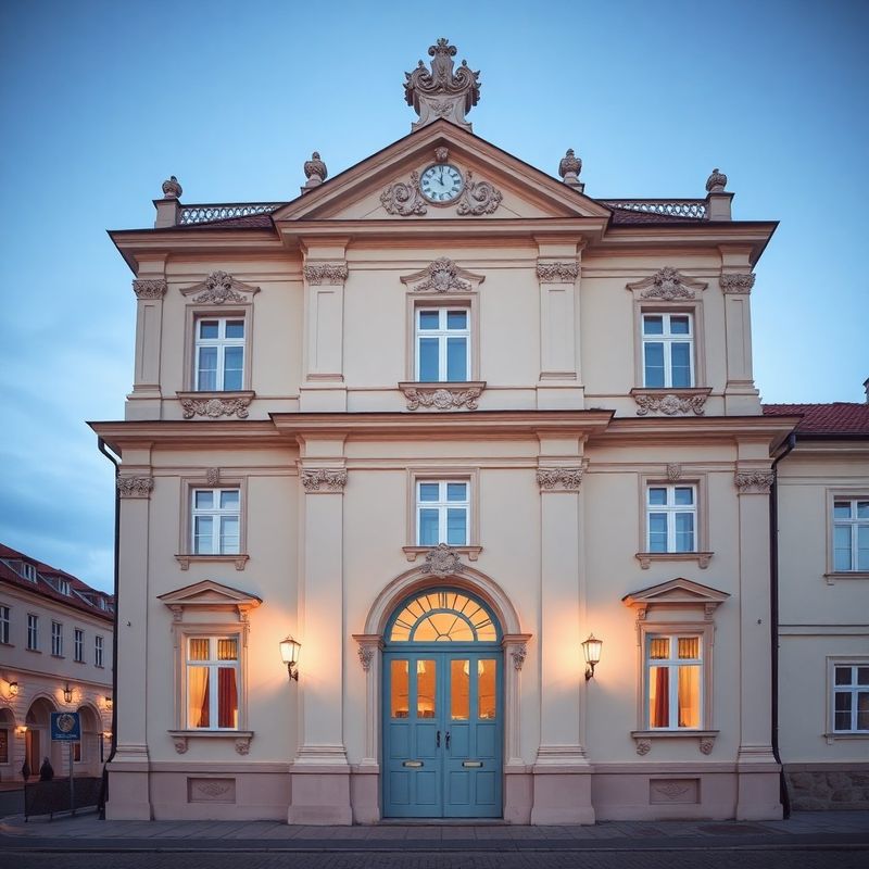 Fasáda historické budovy v Hradci Králové za soumraku